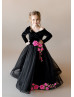 Black Velvet Embroidered Lace Tulle Floor Length Flower Girl Dress